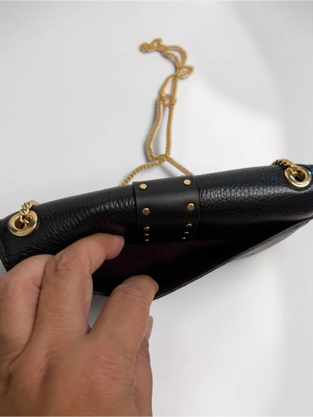 Coach Georgie Chain Crossbody Wallet Black Pebble Leather Rivets Gold Horse